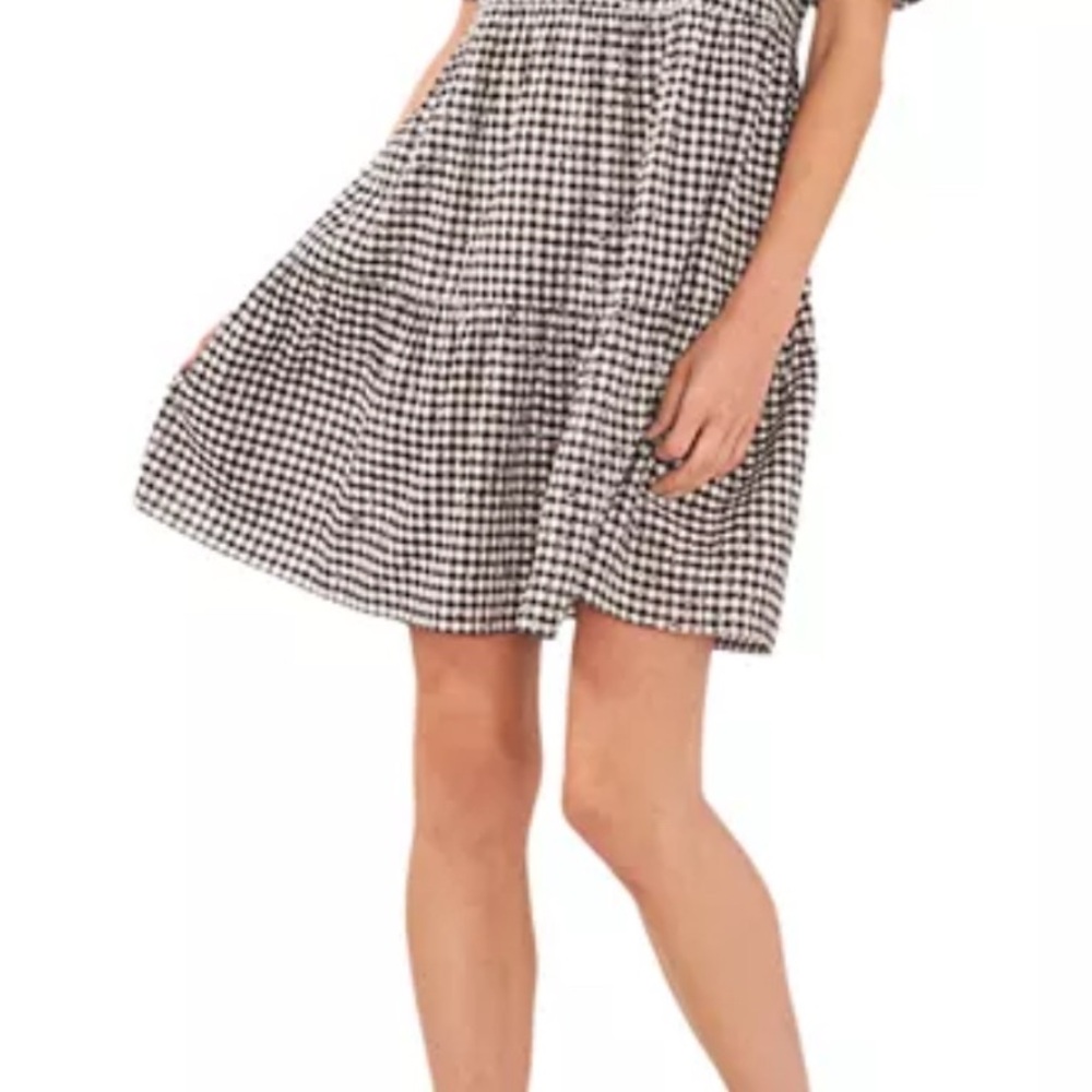 CeCe Tiered Black and White Gingham Babydoll Dress, Sz L